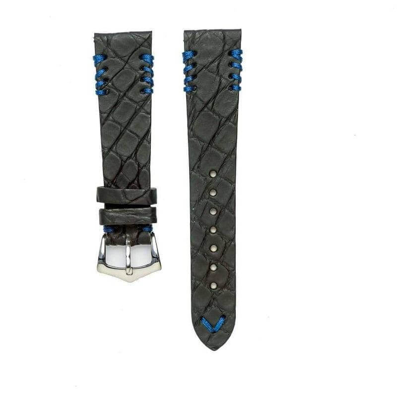Black Rubberized Crocodile Watch Strap Blue Tribal Stitches
