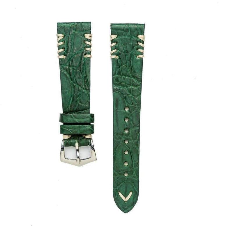 Green Rubberized Crocodile Watch Strap Ecru Tribal Stitches