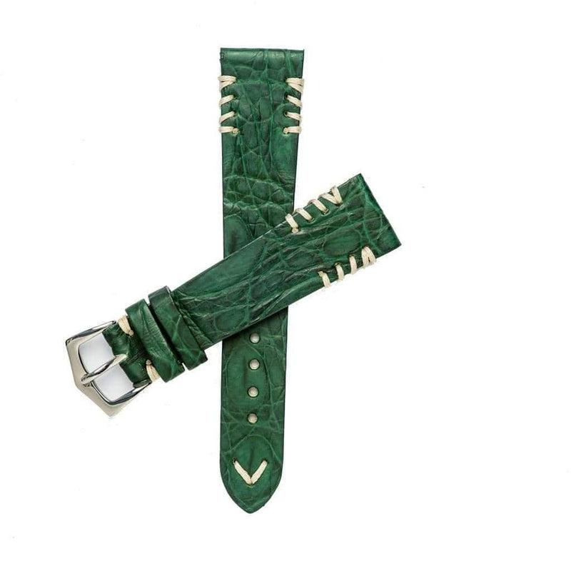 Green Rubberized Crocodile Watch Strap Ecru Tribal Stitches