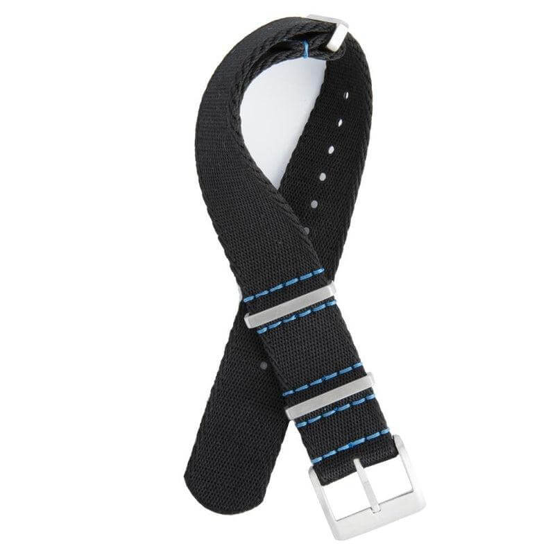 Eco-Friendly Nylon Military Watch Strap - Black Blue Stitches