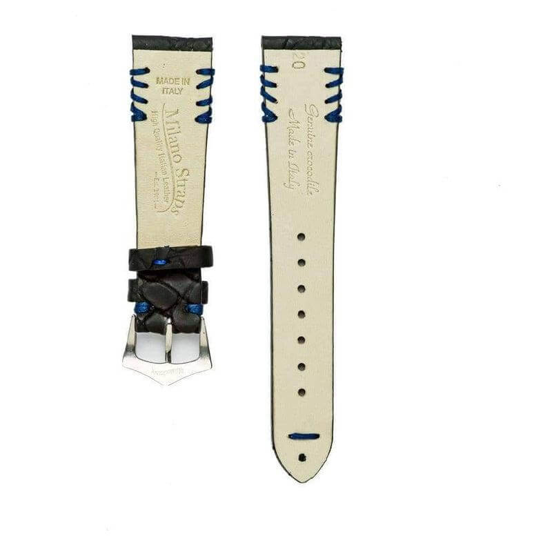 Black Rubberized Crocodile Watch Strap Blue Tribal Stitches