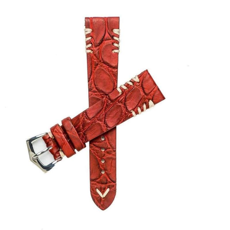 Red Rubberized Crocodile Leather Watch Strap with Ecru Tribal Stitche